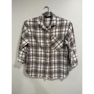 Blue B Flannel Shirt Womens Large Ivory Brown Checkered Polyester Slit Button-Up